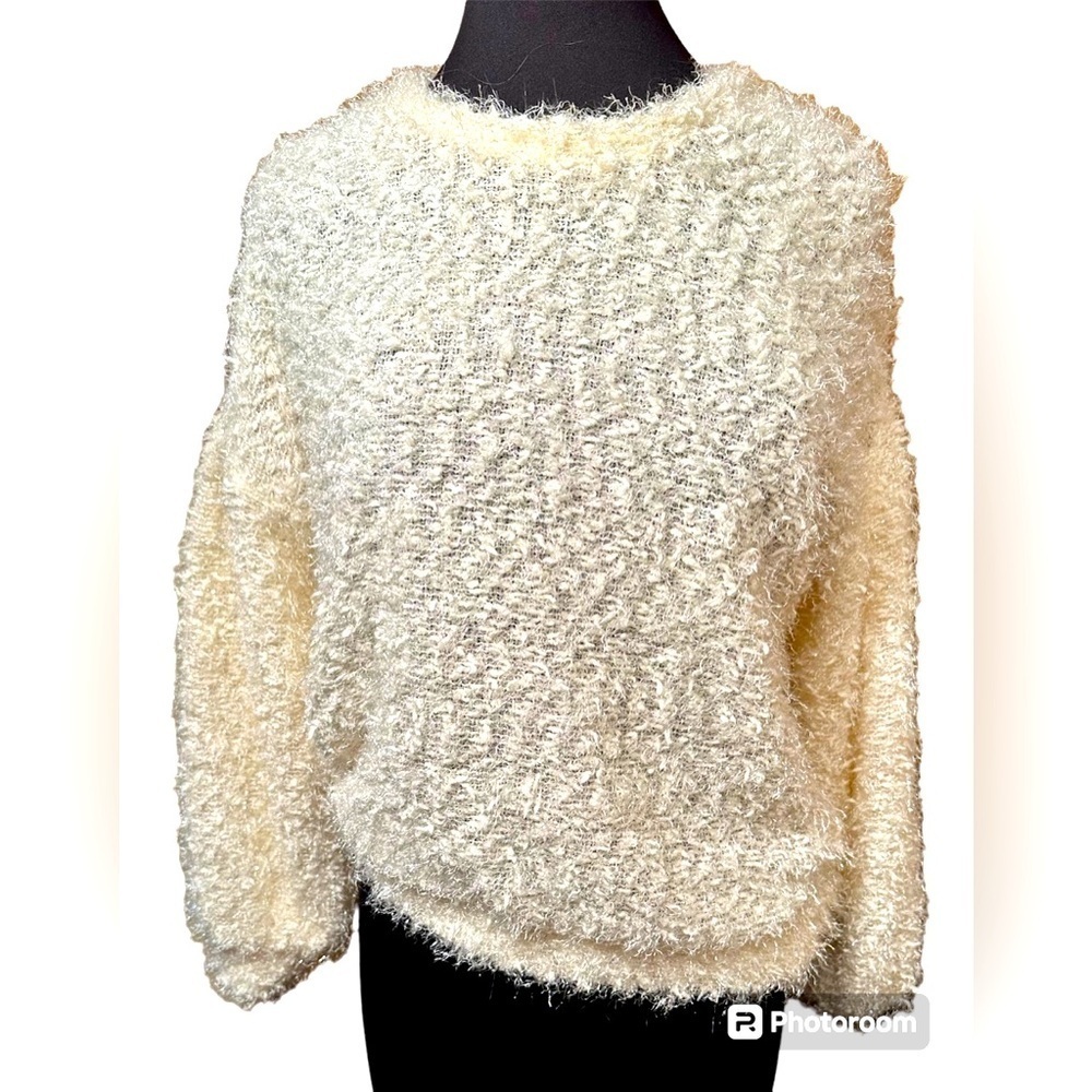 John Paul Richards size small fuzzy metallic cream color sweater